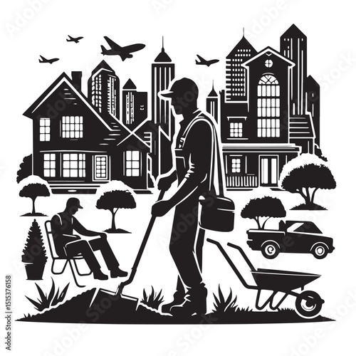 Black Color Landscaping Silhouette Vector Illustration, Solid White Background