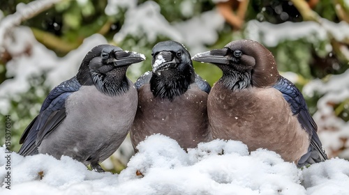 Three Crows Huddled Together in Snowy Winter