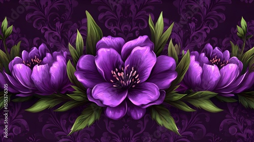 Elegant Purple Floral Border Seamless Pattern Damask Background