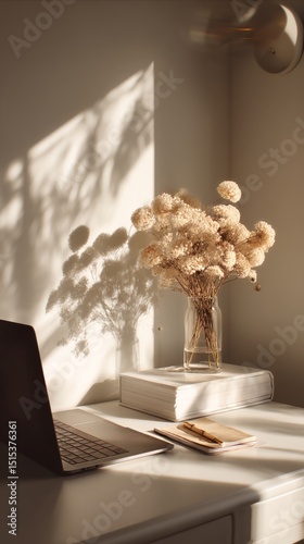 Bright and Minimal Workspace Featuring Dried Flowers and a Laptop in Natural ...