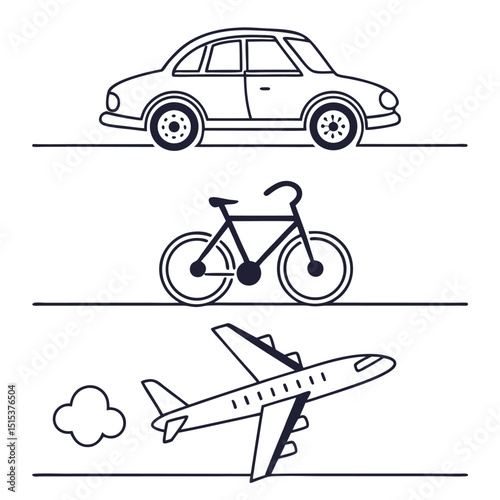 Travel modes car bicycle airplane journey