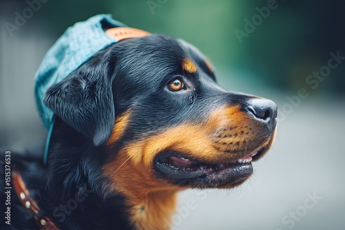 
A stylish Rottweiler wearing a blue baseball cap, symbolizing loyalty, companionship, and urban pet culture. photo