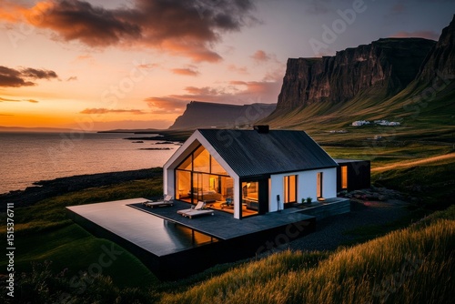 Stunning Modern House Overlooking the Ocean at Sunset Near Dramatic Cliffs in...