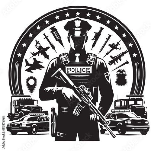 Black Color Law Enforcement Silhouette Vector Illustration, Solid White Background