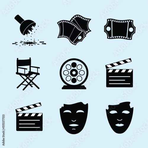 vector icons for cinema, Director's Chair , theatrical roles, video tape, cinema shattered spotlight, Theater Ticket

