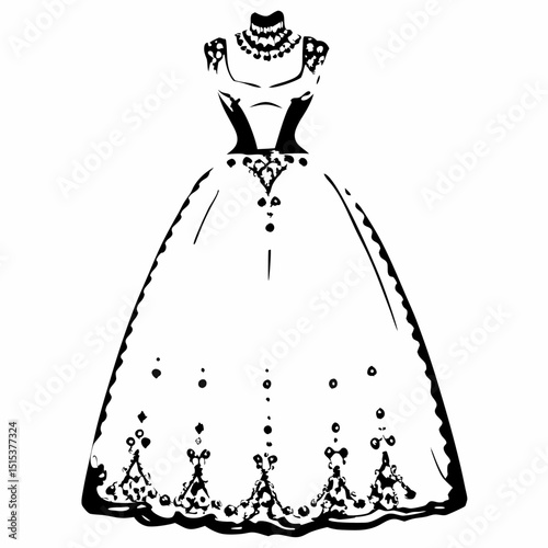 Elegant ball gown illustration with intricate lace detail  