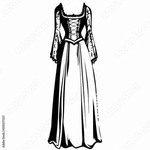 Elegant medieval dress with long sleeves and laced bodice design  