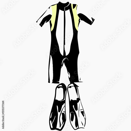 Diving suit and fins in minimalist design on white background  
