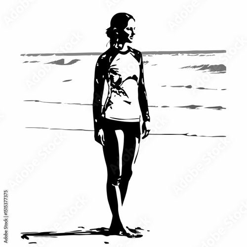 Woman standing on the beach in surf clothing by the ocean waves  
