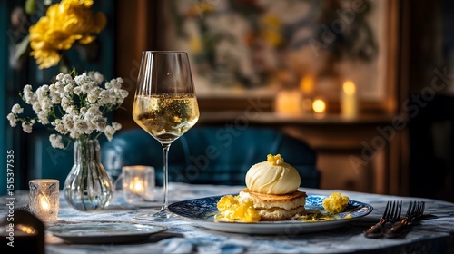 Elegant Dessert with Champagne Romantic Dinner Setting
