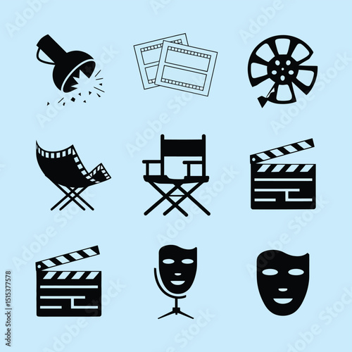 vector icons for cinema, Director's Chair , theatrical roles, video tape, cinema shattered spotlight, Theater Ticket
