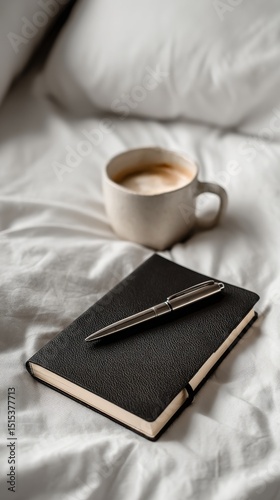 Morning Coffee and Journal on a Cozy Bed With Soft Bedding and a Warm Atmosphere