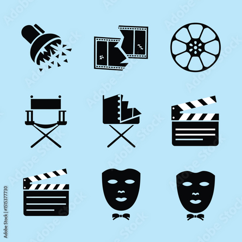 vector icons for cinema, Director's Chair , theatrical roles, video tape, cinema shattered spotlight, Theater Ticket
