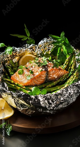 Fresh Salmon Fillet With Herbs and Asparagus Prepared for Healthy Cooking