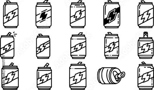 energy drink can icon set. aluminum soda can line art vector icon for apps and websites on white background.