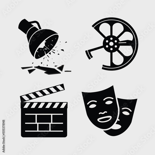 vector icons for cinema, Director's Chair , theatrical roles, video tape, cinema shattered spotlight, Theater Ticket
