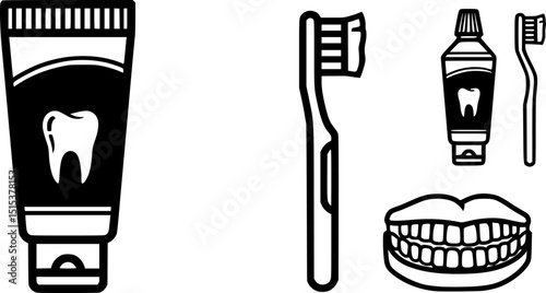 set of toothpaste and toothbrush icons, Isolated dental hygiene vector illustration, Dental care symbol, on white background.