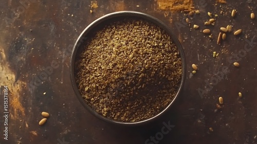 Top View of Brown Flax Seeds in Bowl Rustic Background