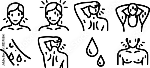 Sweating linear style icon set. Person sweating, drops of sweat on body. vector illustration on white background