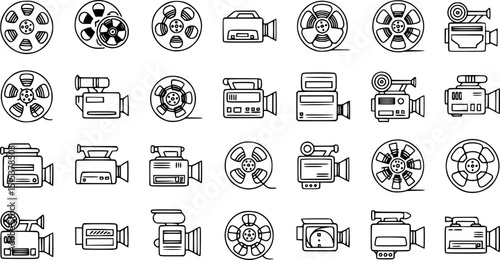 video camera film tape reel vector icon set, with white background.
