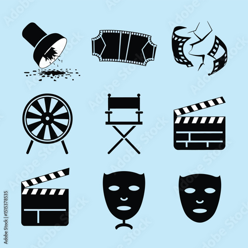 vector icons for cinema, Director's Chair , theatrical roles, video tape, cinema shattered spotlight, Theater Ticket
