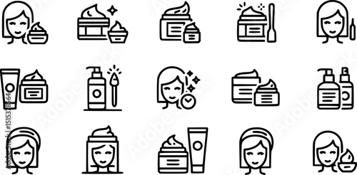 Skin care icon set, cosmetic cream, woman's face linear sign vector illustration on white background.
