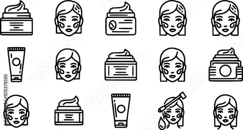 Skin care icon set, cosmetic cream, woman's face linear sign vector illustration on white background.

