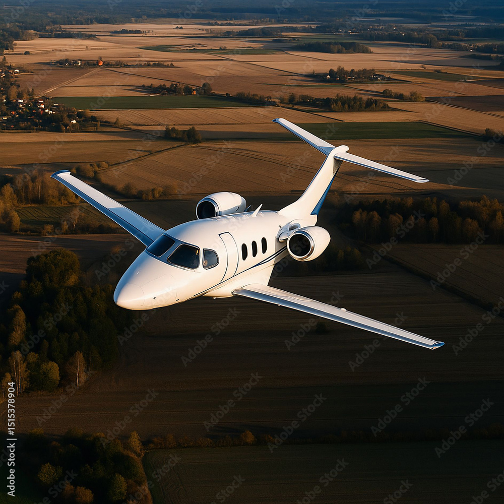 Fototapeta premium small white jet flying low over rural landscape during sunset.