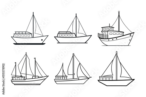Ketch Boat Outline Line Art Vector Set