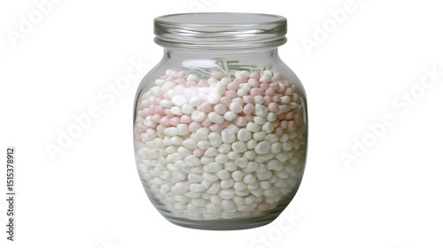 Glass Jar Filled with Pink and White Candies and Money