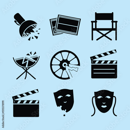 vector icons for cinema, Director's Chair , theatrical roles, video tape, cinema shattered spotlight, Theater Ticket
