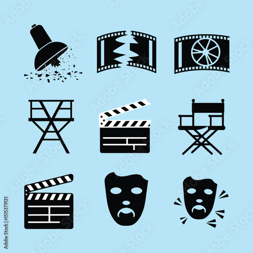 vector icons for cinema, Director's Chair , theatrical roles, video tape, cinema shattered spotlight, Theater Ticket
