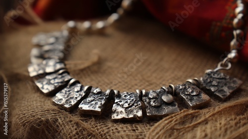 Rustic oxidized silver necklace with hammered textures handmade ethnic design on raw fabric background overlay cut out on isolated transparent removed background