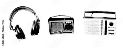 Vintage Headphones and Retro Radios Illustration with Halftone Effect, Representing Classic Audio Technology