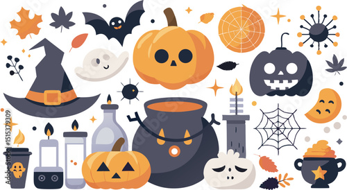 Festive halloween elements and decorations collection featuring pumpkins bats ghosts witch hat and other spooky items