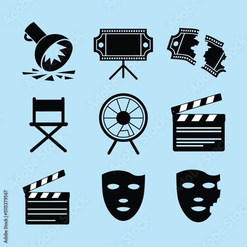 vector icons for cinema, Director's Chair , theatrical roles, video tape, cinema shattered spotlight, Theater Ticket
