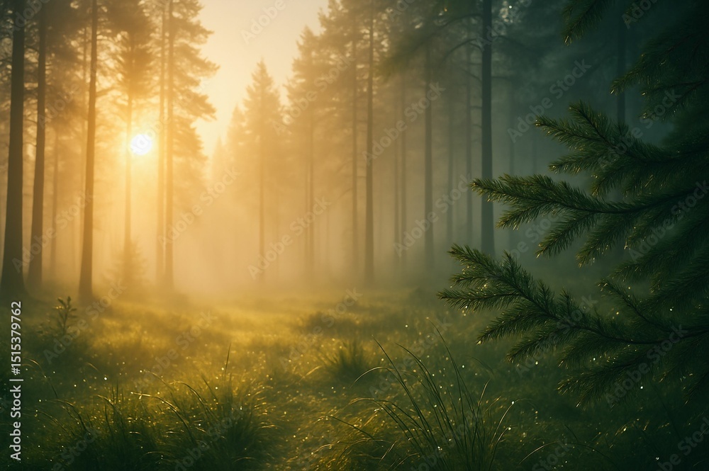 Obraz premium misty forest scene with tall trees and bright sunrise.