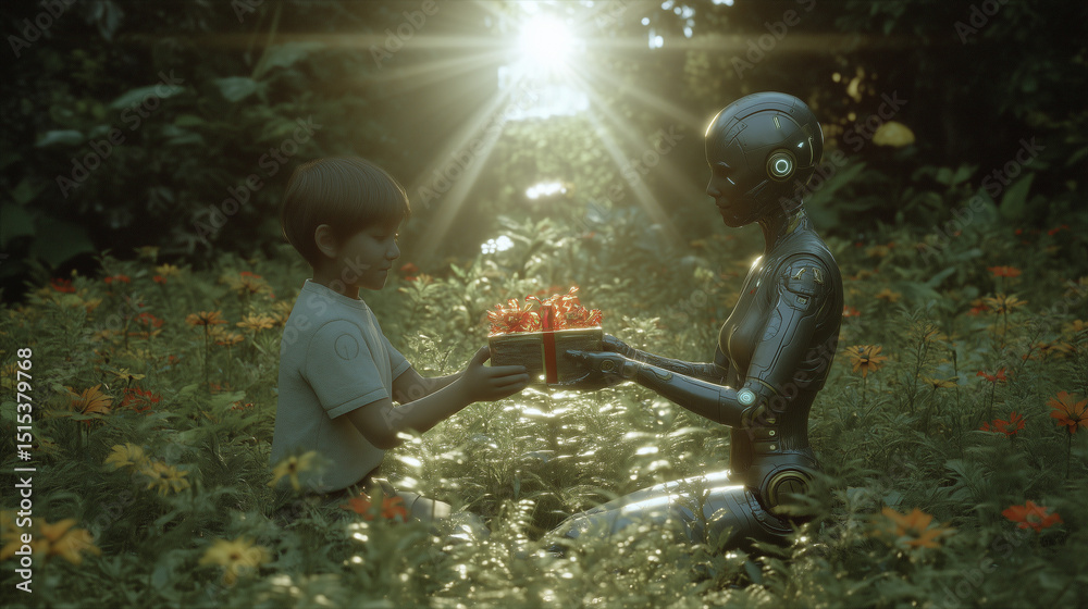 Fototapeta premium A human child and a curious alien child exchanging gifts in a sunlit meadow