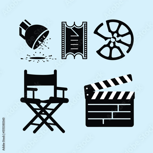 vector icons for cinema, Director's Chair , theatrical roles, video tape, cinema shattered spotlight, Theater Ticket
