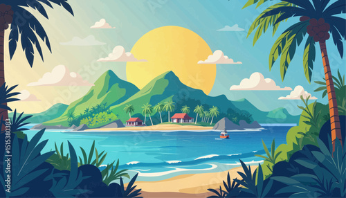 Tropical island landscape with mountains and ocean during sunset  