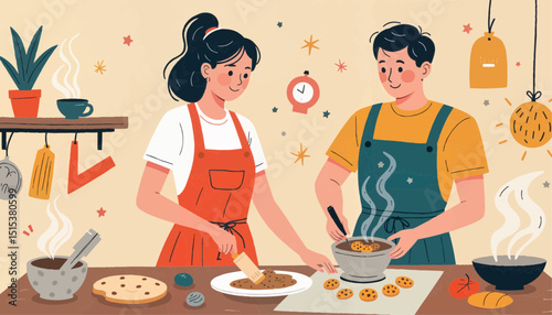 Young couple cooking together in a cozy kitchen environment  