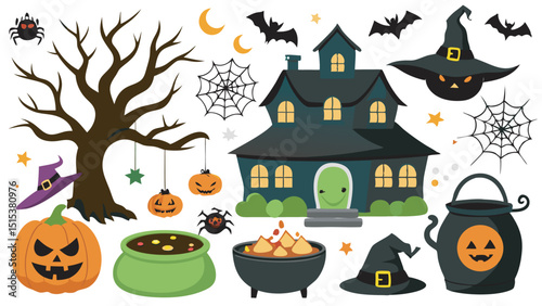Spooky halloween elements collection featuring haunted house carved pumpkins and witch hats