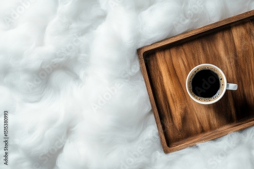 Dark Coffee Cup on Wooden Tray Against Fluffy White Background in Cozy Setting