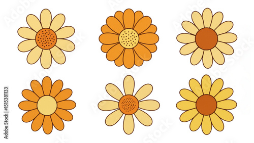 Daisy chamomile set. Yellow Hand drawn Camomile icon. Cute round flower head plant collection. Love card symbol. Growing concept. Childish style. Simple flat design. White background.