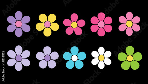 Spring flower set. Colorful flowers collection. Daisy chamomile, chrysanthemum, daffodil sun flower. Growing concept. Fresh and blooming elements. Flat design. Isolated. Black background. Vector