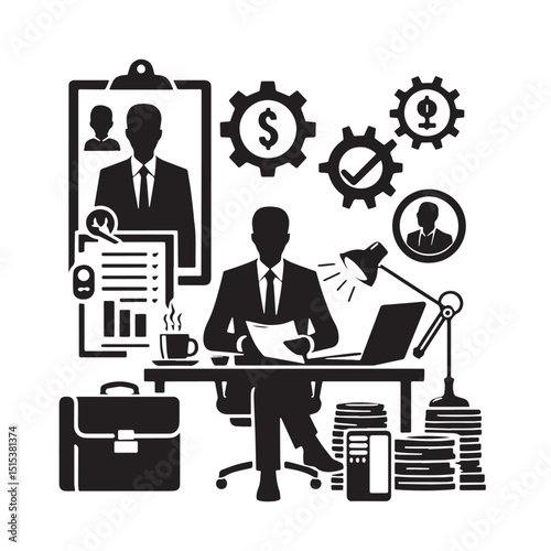 Black Color Management Silhouette Vector Illustration, Solid White Background