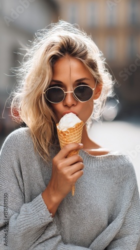 Enjoying a Warm Afternoon With Ice Cream Cone in a City Setting