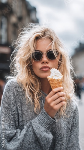 Young Woman Enjoying Ice Cream in City Street During Sunny Day With Sunglasse...