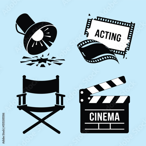vector icons for cinema, Director's Chair , theatrical roles, video tape, cinema shattered spotlight, Theater Ticket
