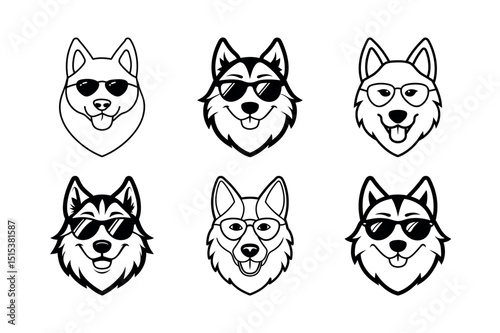 Siberian Husky Head with Headphones and Sunglasses Outline Line Art Vector Set
